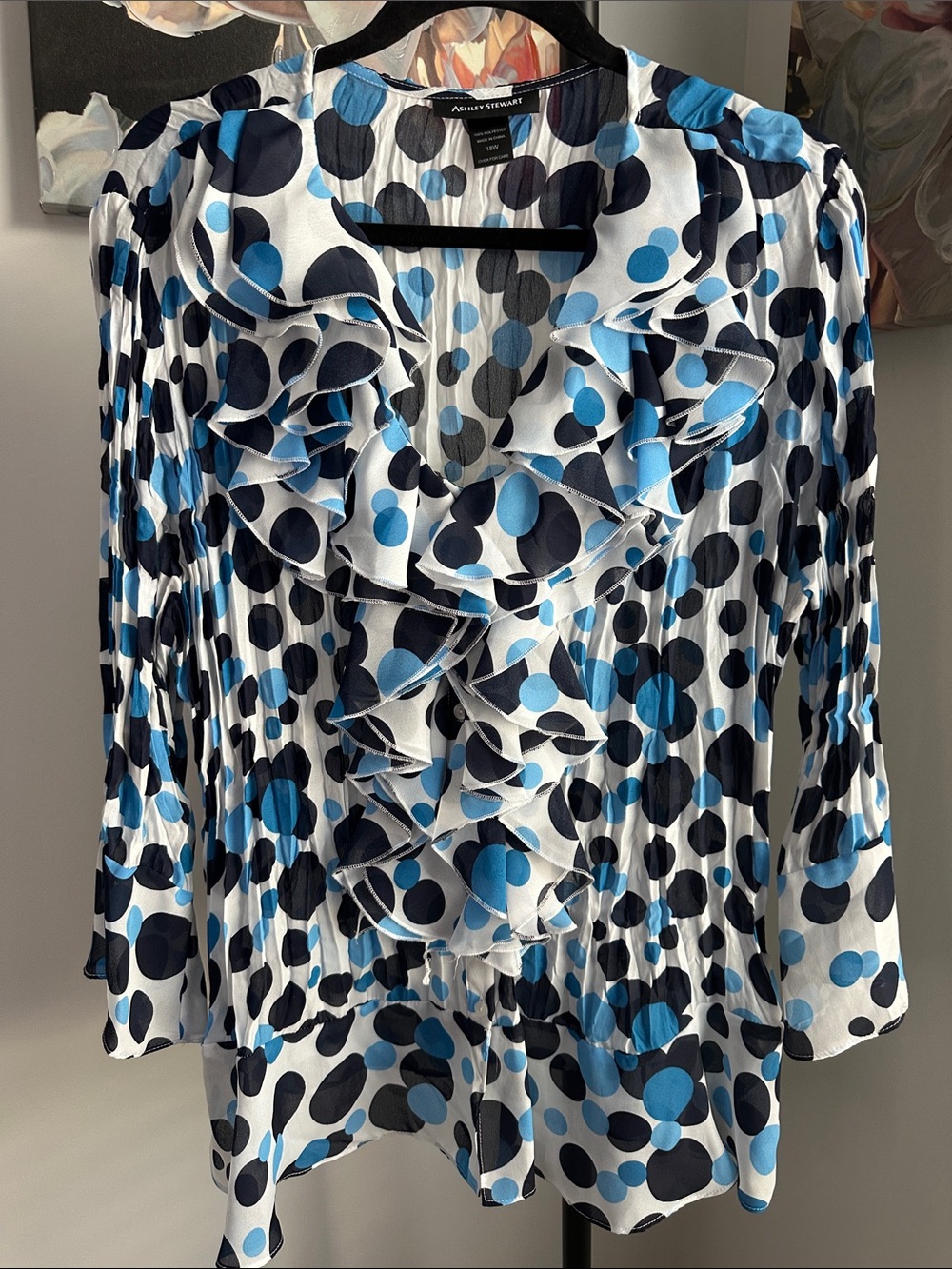 Ashley Stewart White Blouse with Blue and Black Polka Dots and Ruffle Front